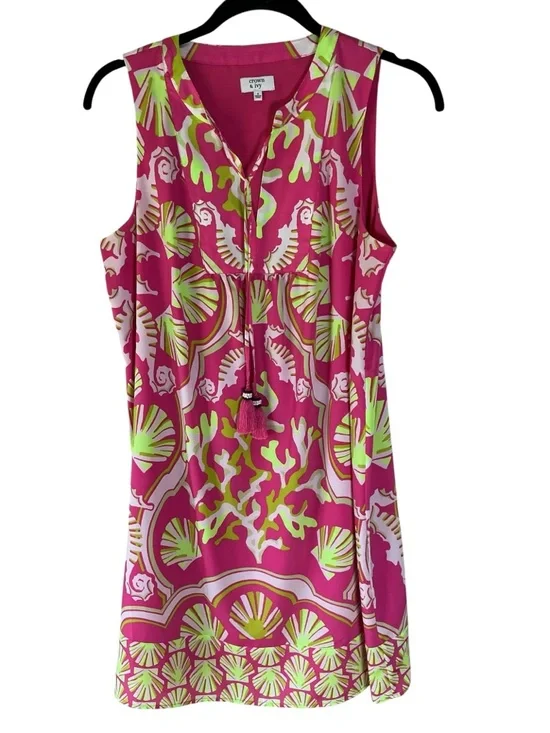 Crown & Ivy Pink Lime Seaside Seahorse Seashell Summer Sleeveless Dress sz 8 - Picture 3 of 11